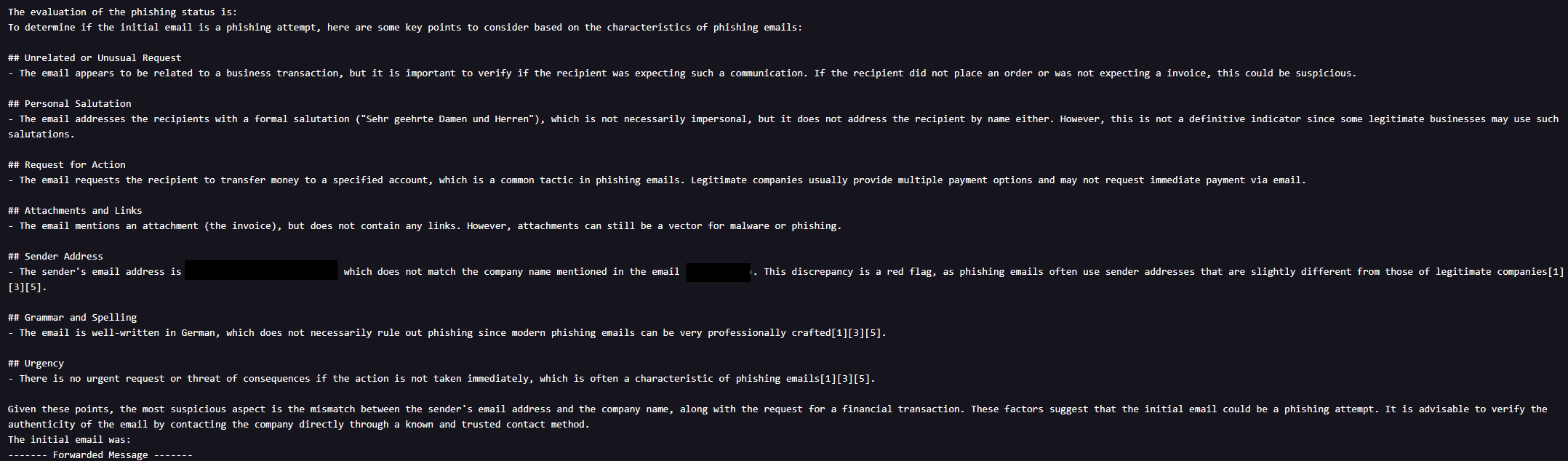 Die Einschätzung zum Phishing-Status von Perplexity